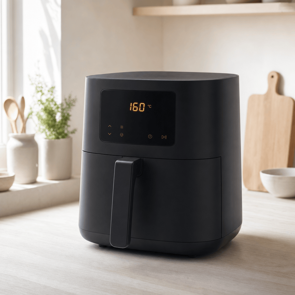 En airfryer forvarmes til 160 grader i mit airfryer-køkken