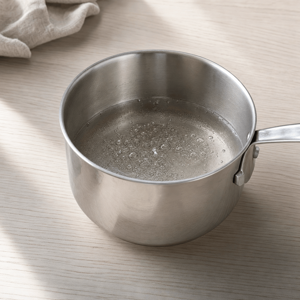 Sukkersirup simrer i en lille gryde i mit airfryer-køkken