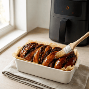 Varm babka pensles med sukkersirup lige efter bagning i min airfryer