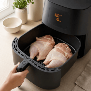 Halve grillkyllinger tilberedes med skindsiden nedad i min airfryer