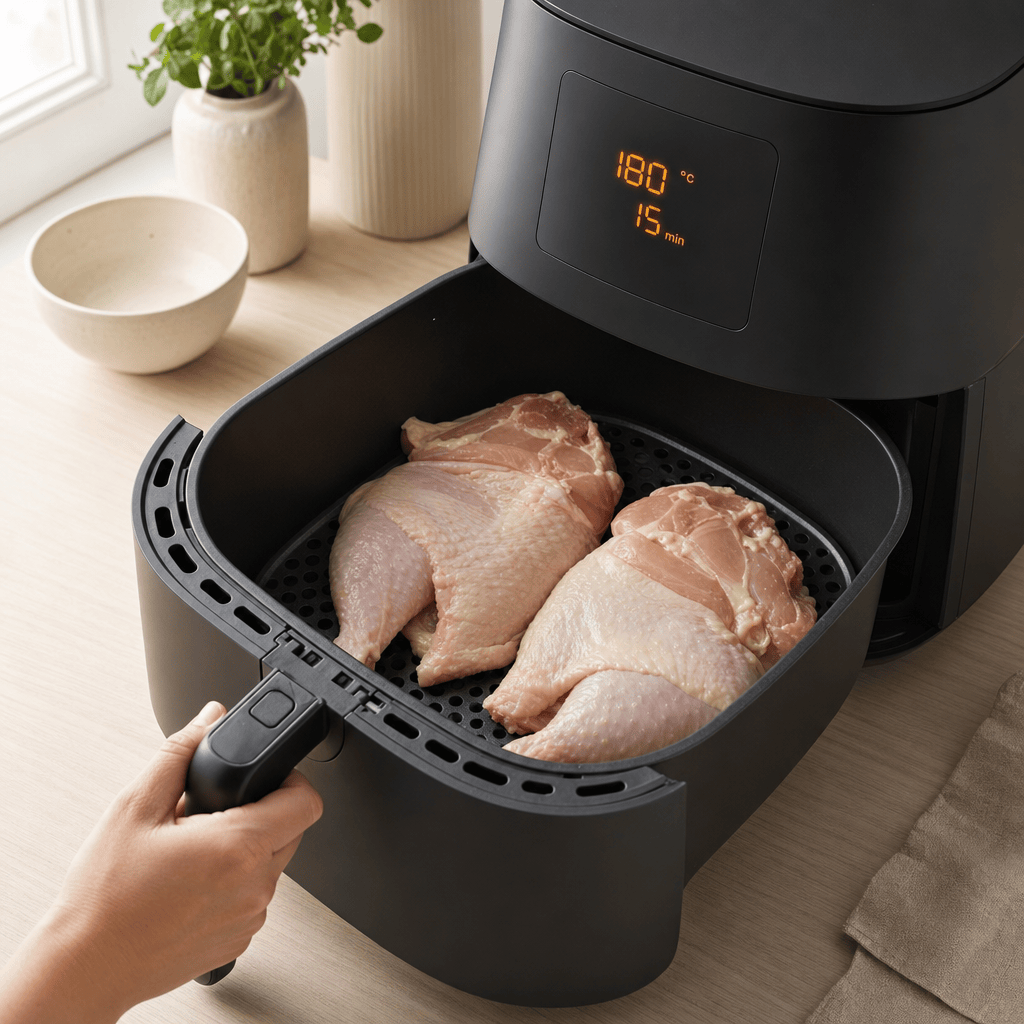 Halve grillkyllinger tilberedes med skindsiden nedad i min airfryer