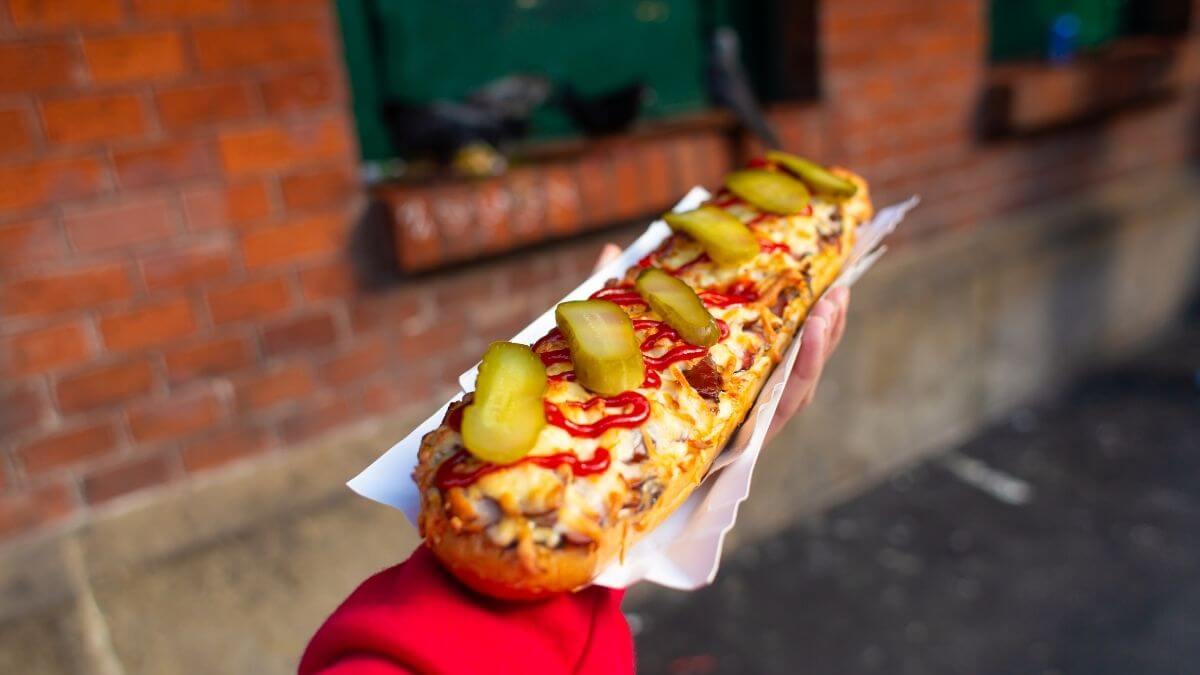 Polsk pizza type som en åben sandwich med svampe, ost og skinke