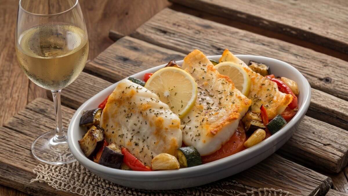 Torskfillet bagt med aubergine, courgette, rød peber, tomater, hvidløg og provencekrydderi. En let og farverig fiskeret med tydelig middelhavssmag.