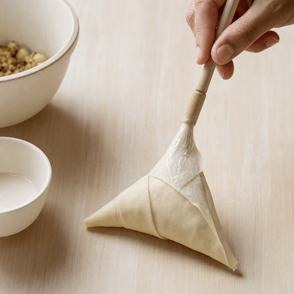 En samosa, der foldes i trekanter og lukkes med melklister