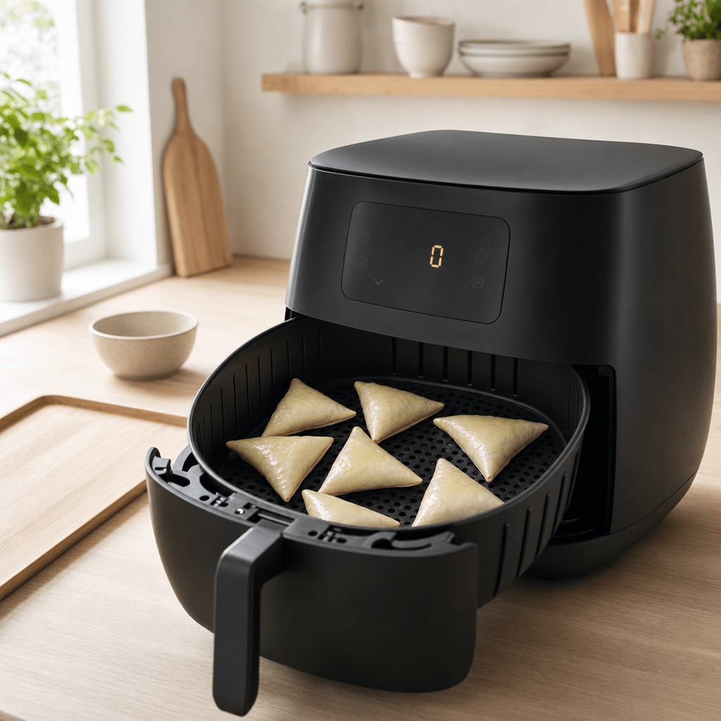 Samosaer med afstand i airfryer-kurven