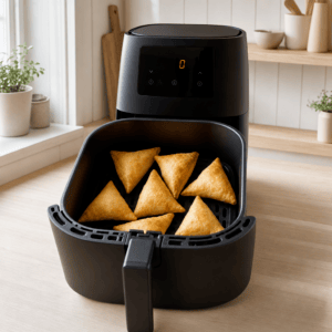 Samosaer, der hviler i to minutter efter tilberedning i min airfryer