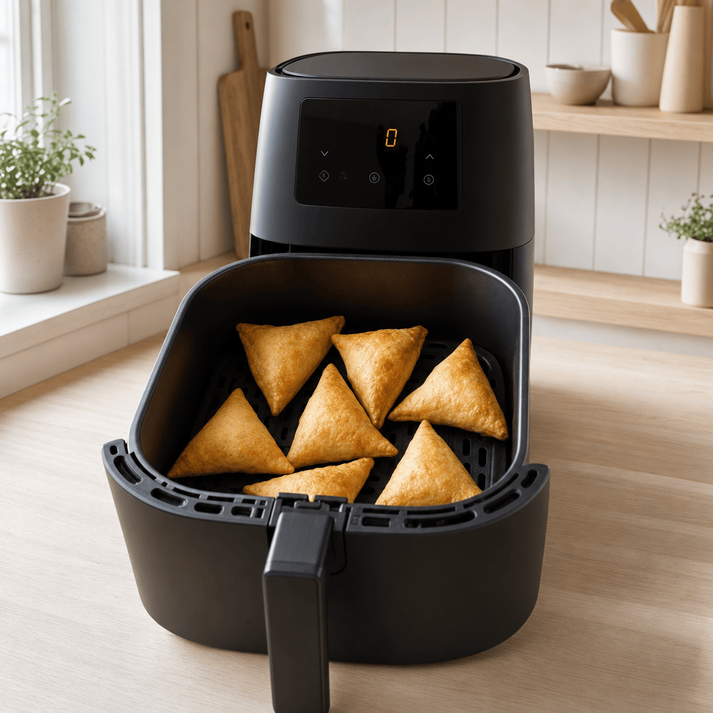 Samosaer, der hviler i to minutter efter tilberedning i min airfryer