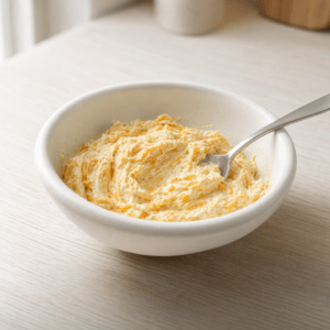 Jaeven ostemasse med flødeost og cheddar i en skål