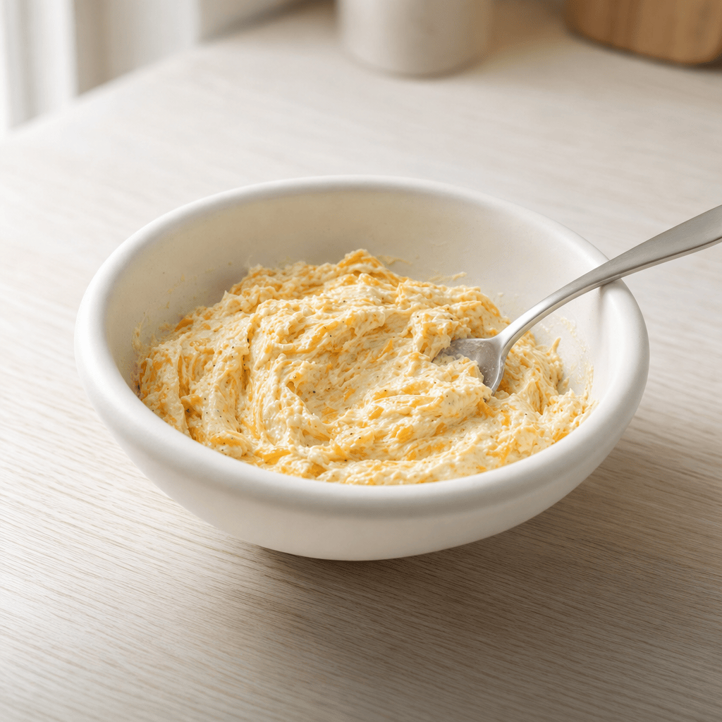 Jaeven ostemasse med flødeost og cheddar i en skål
