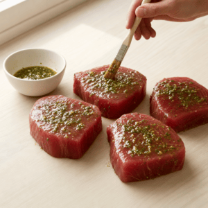 Tunbøffer pensles grundigt med marinade før tilberedning i min airfryer