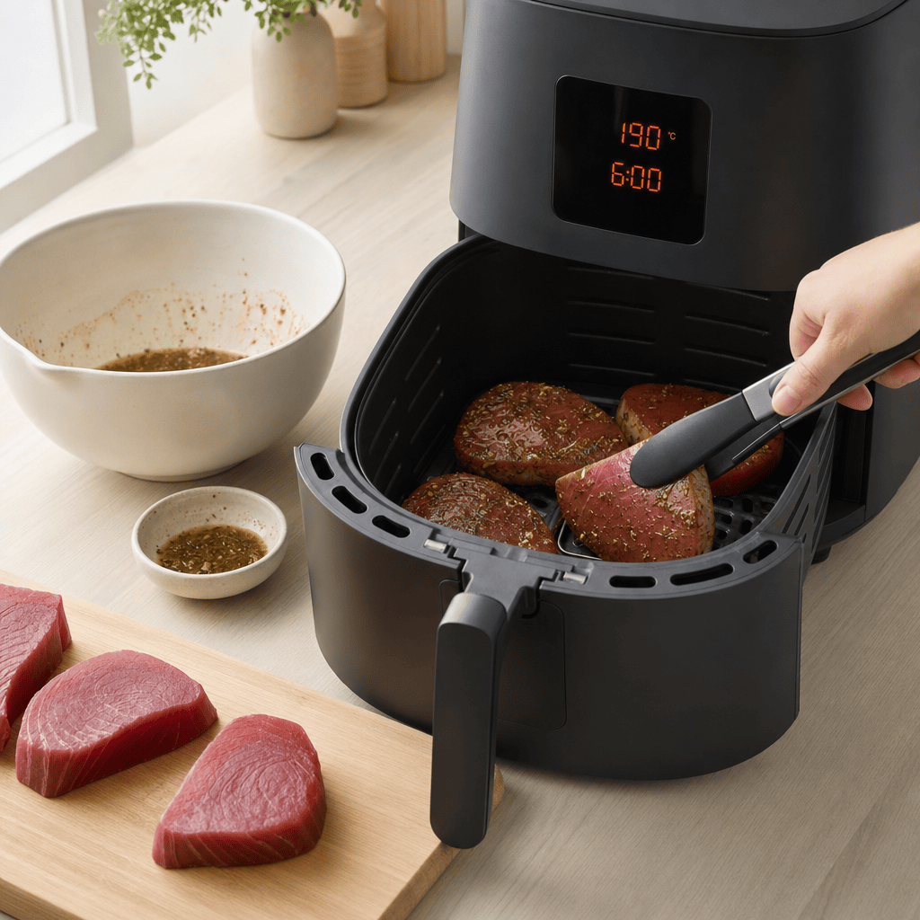 Tunbøffer vendes forsigtigt halvvejs i min airfryer