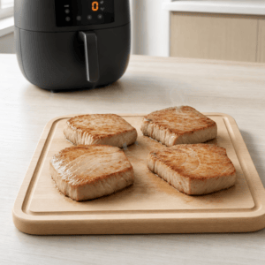 Tilberedte tunbøffer hviler på et skærebræt før servering i min airfryer