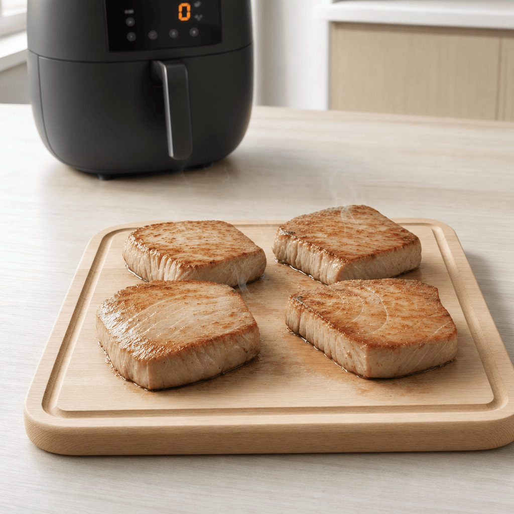 Tilberedte tunbøffer hviler på et skærebræt før servering i min airfryer