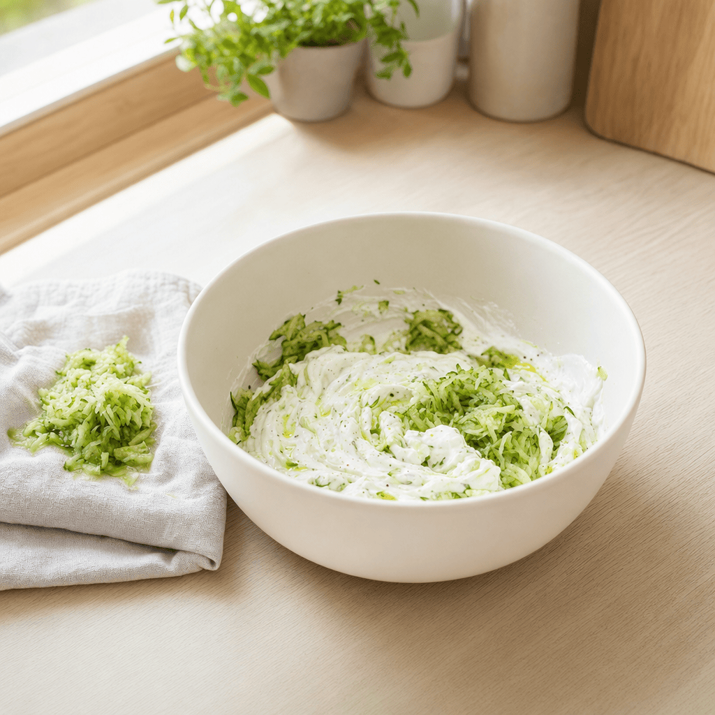 Tzatziki blandes i en skål til gyros i min airfryer-opskrift