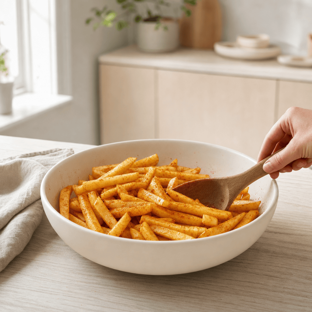 Kartoffelpomfritter vendes med olie og krydderier til tilberedning i min airfryer
