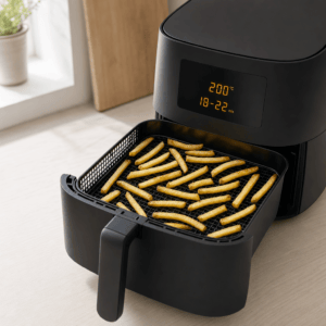 Pomfritter tilberedes i ét lag i min airfryer ved 200 grader