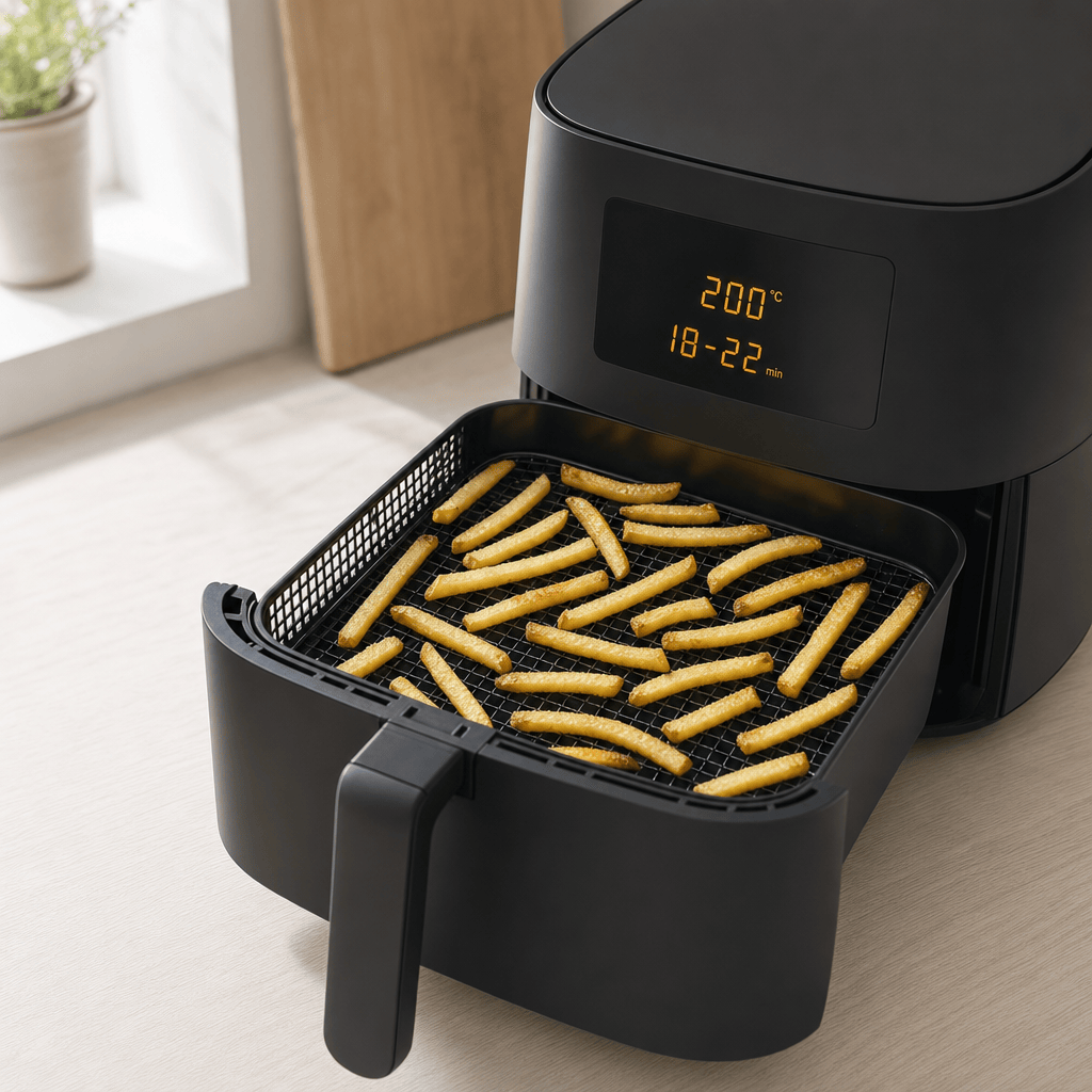 Pomfritter tilberedes i ét lag i min airfryer ved 200 grader