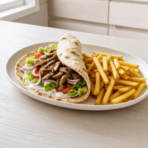 Gyros med tzatziki, salat og pomfritter serveres fra min airfryer