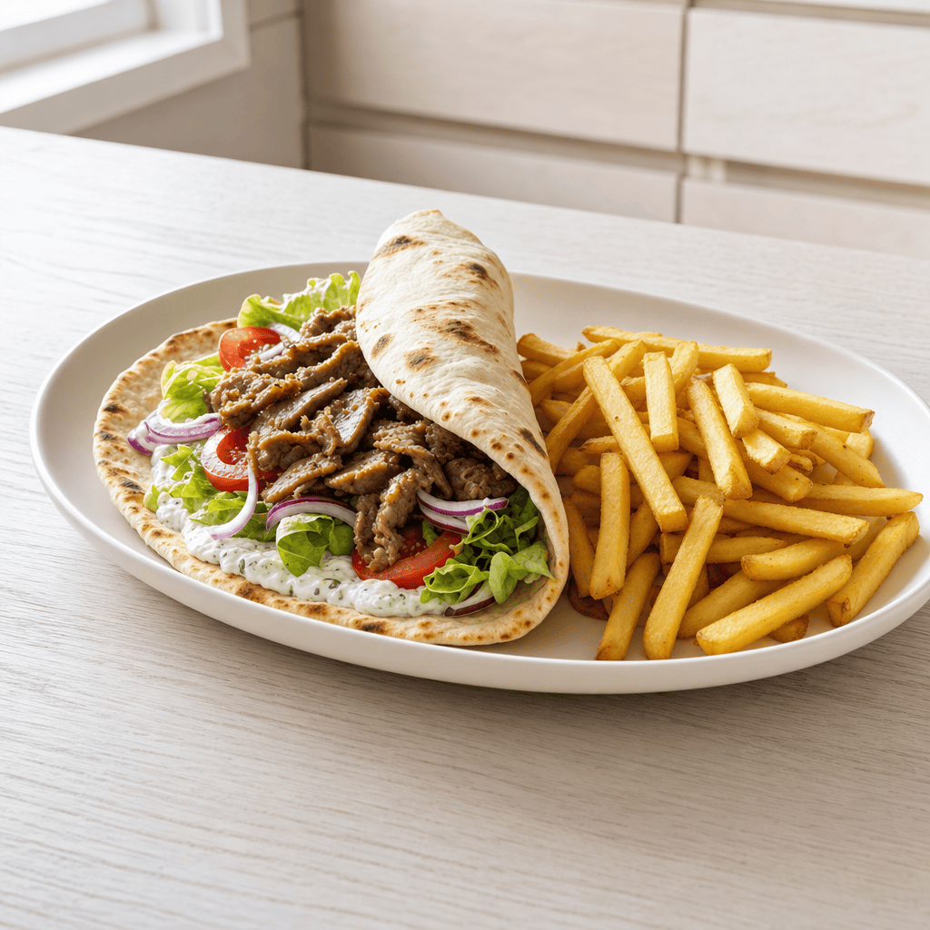 Gyros med tzatziki, salat og pomfritter serveres fra min airfryer