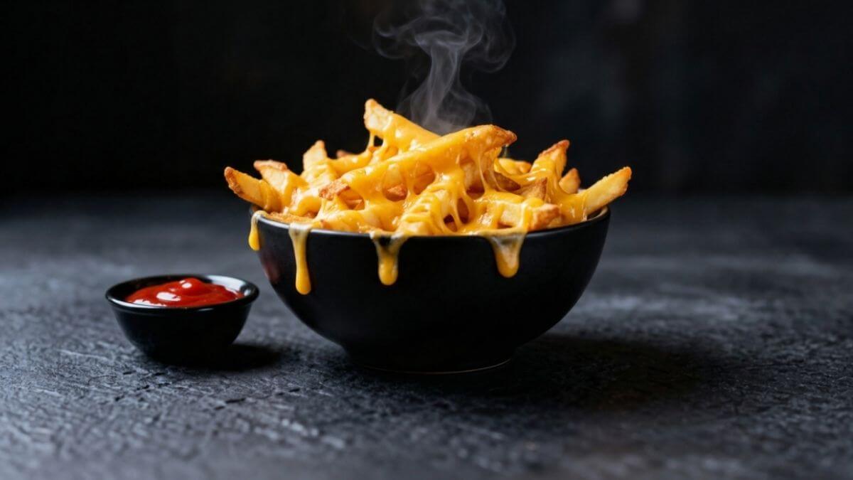 Pommes frites overtrukket med smeltet cheddar ost og krydderier