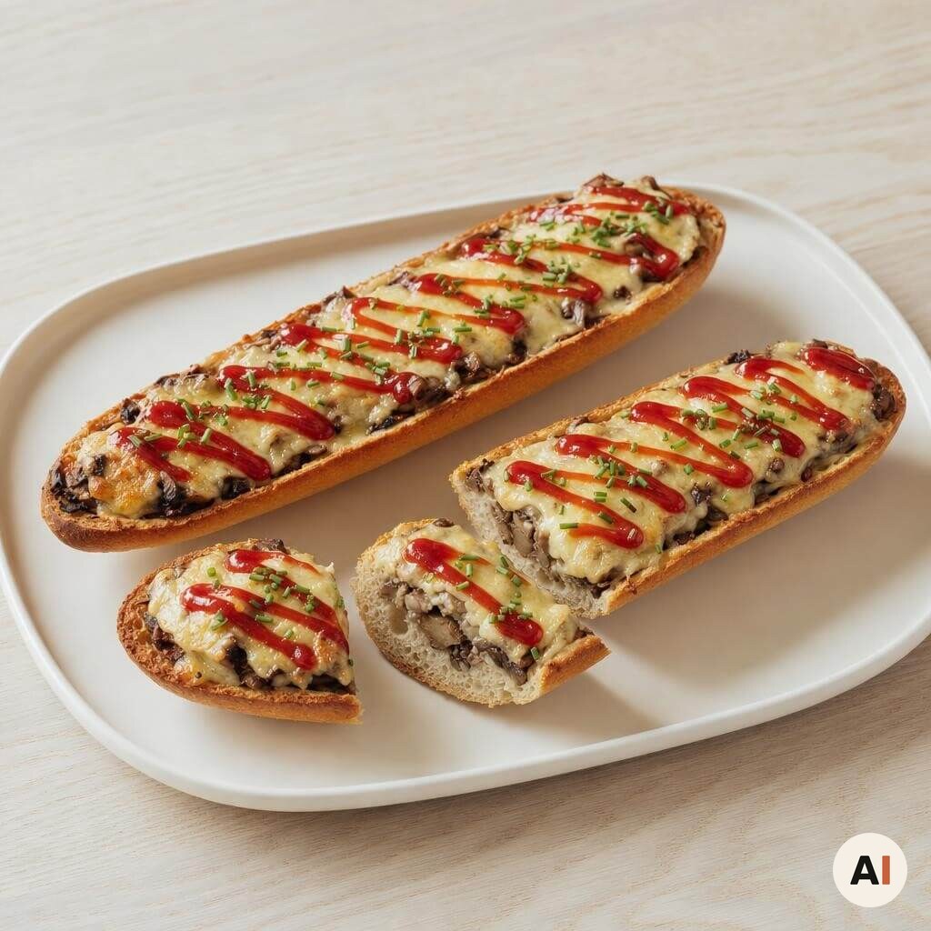 Overskåret zapiekanka med smeltet ost, ketchupstriber og purløg serveret fra min airfryer