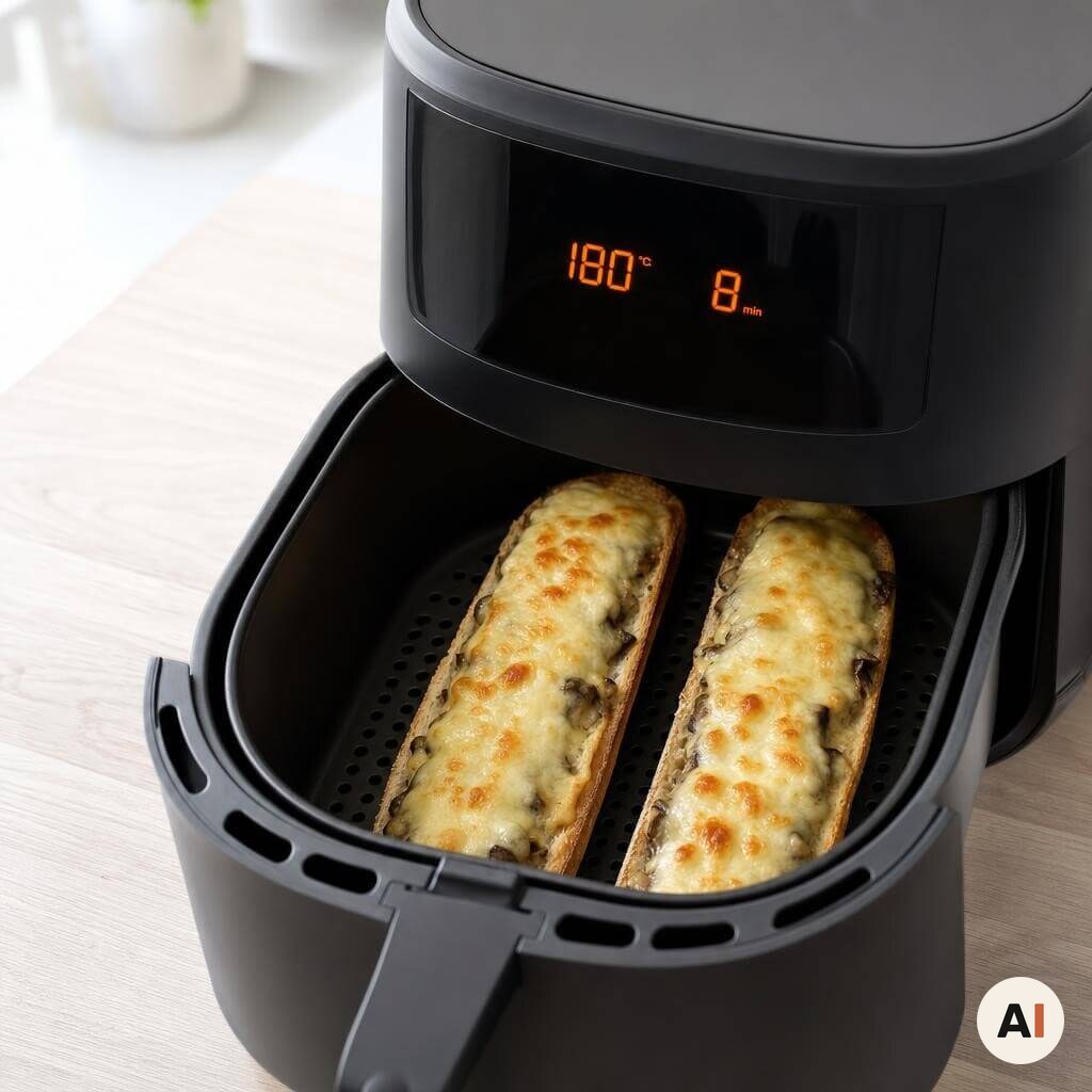 To zapiekankaer med champignon under smeltet ost bages i min airfryer