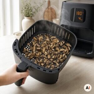 Svampeblandingen rystes i kurven efter fire minutter i min airfryer