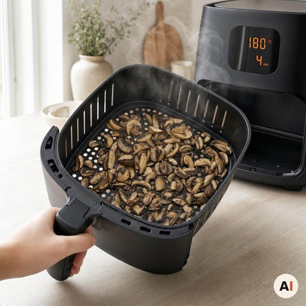 Svampeblandingen rystes i kurven efter fire minutter i min airfryer