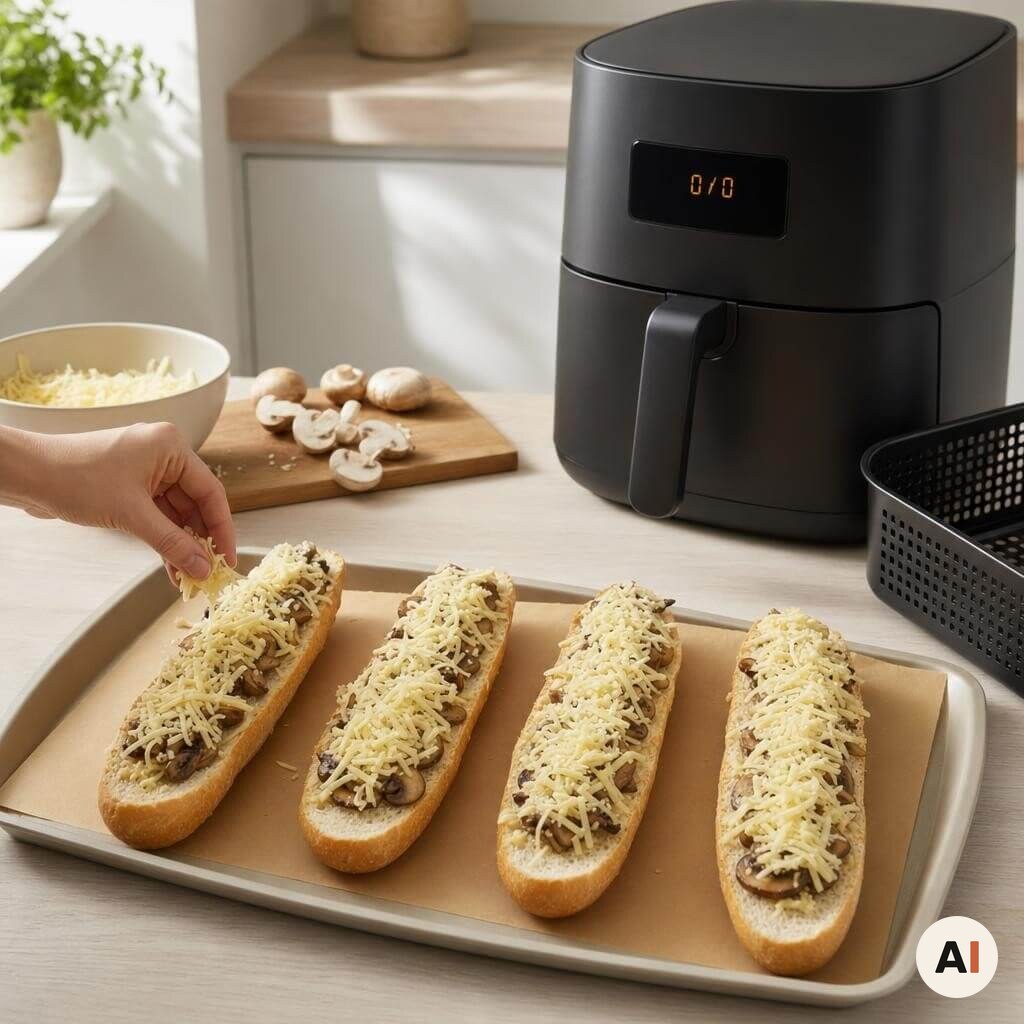 Bagte svampe og revet ost fordeles på baguetter til min airfryer