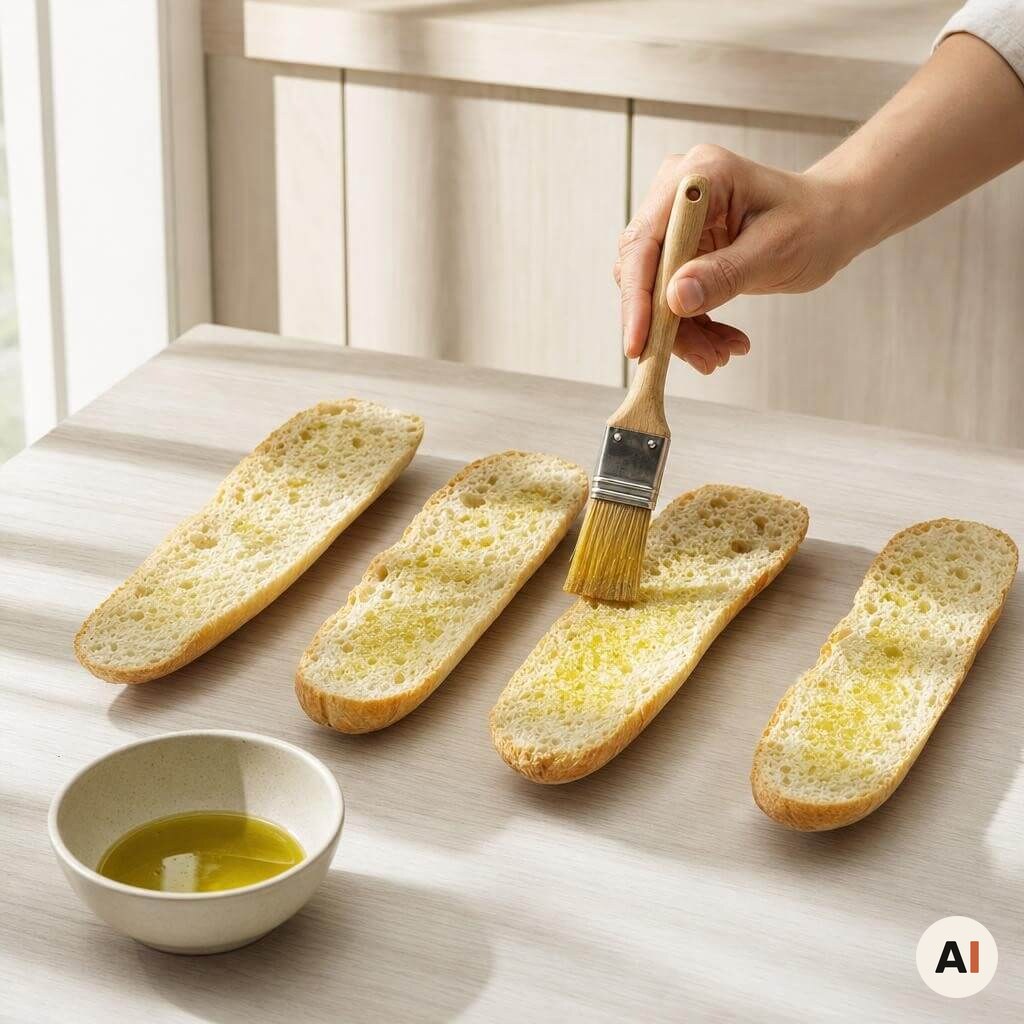 Baguettehalvdele pensles med olivenolie før tilberedning i min airfryer