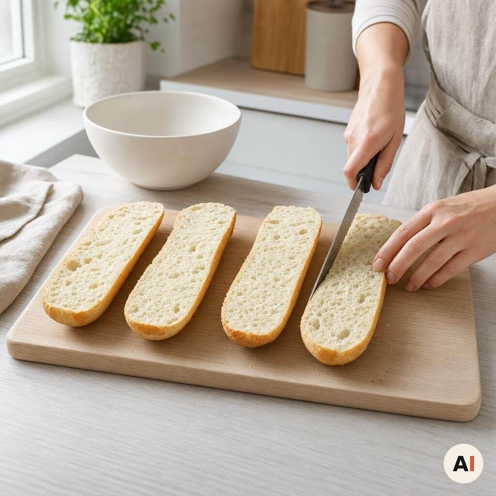 Fire baguettehalvdele skæres på langs før tilberedning i min airfryer