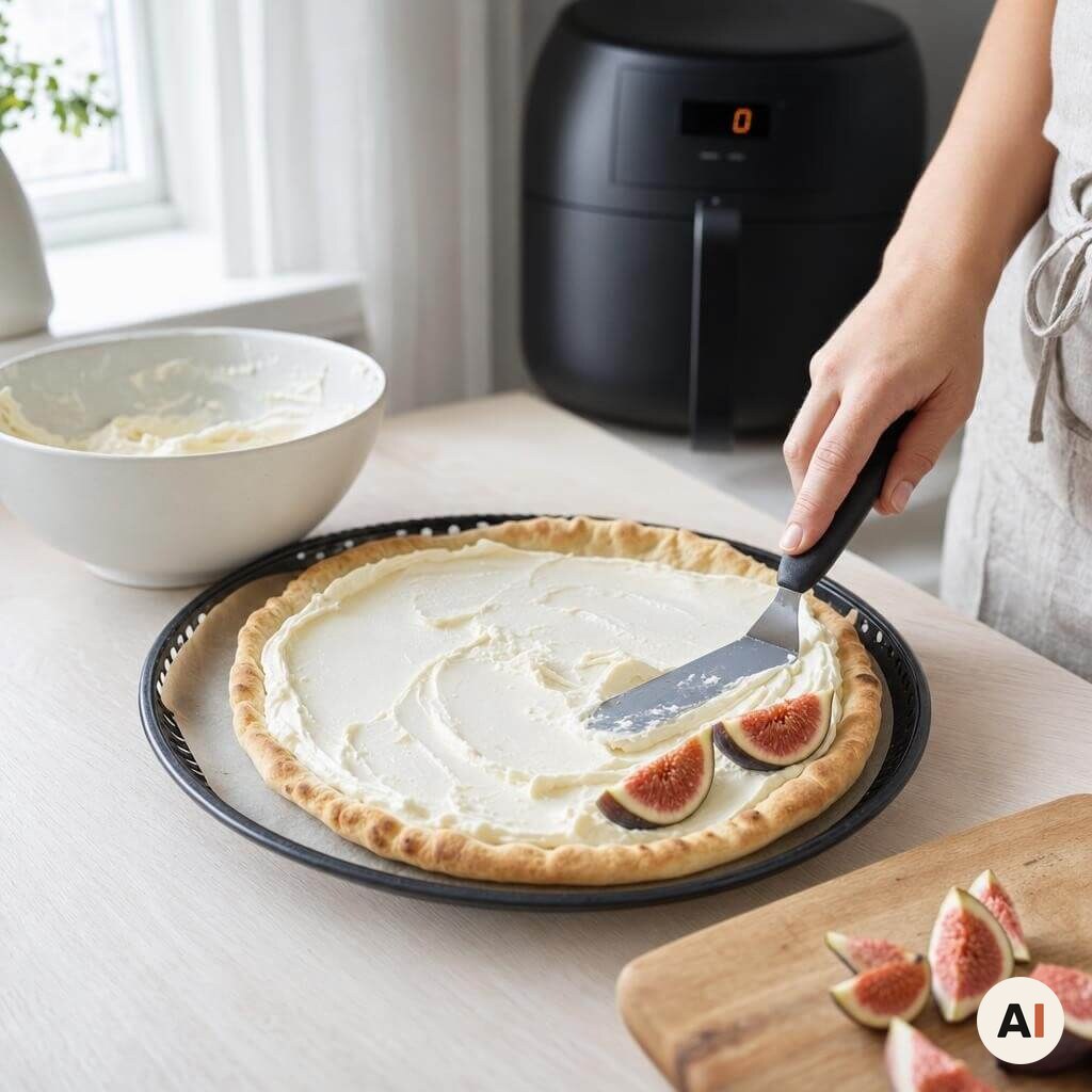 Mascarponecreme og figenbåde fordeles på dessertpizza i min airfryer