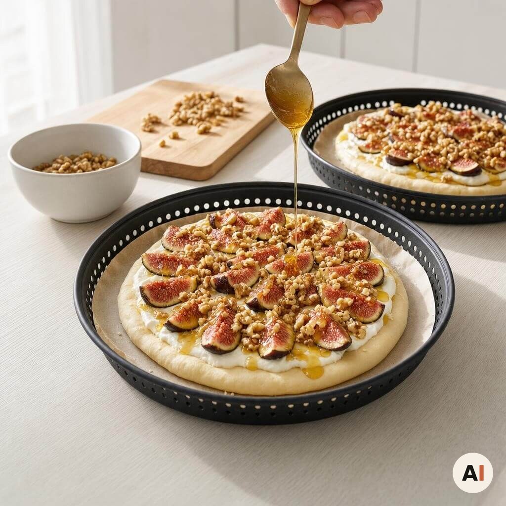 Hakkede valnødder og honning toppes på dessertpizza i min airfryer
