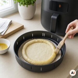 Pizzabund på bagepapir pensles med smør til dessertpizza i min airfryer
