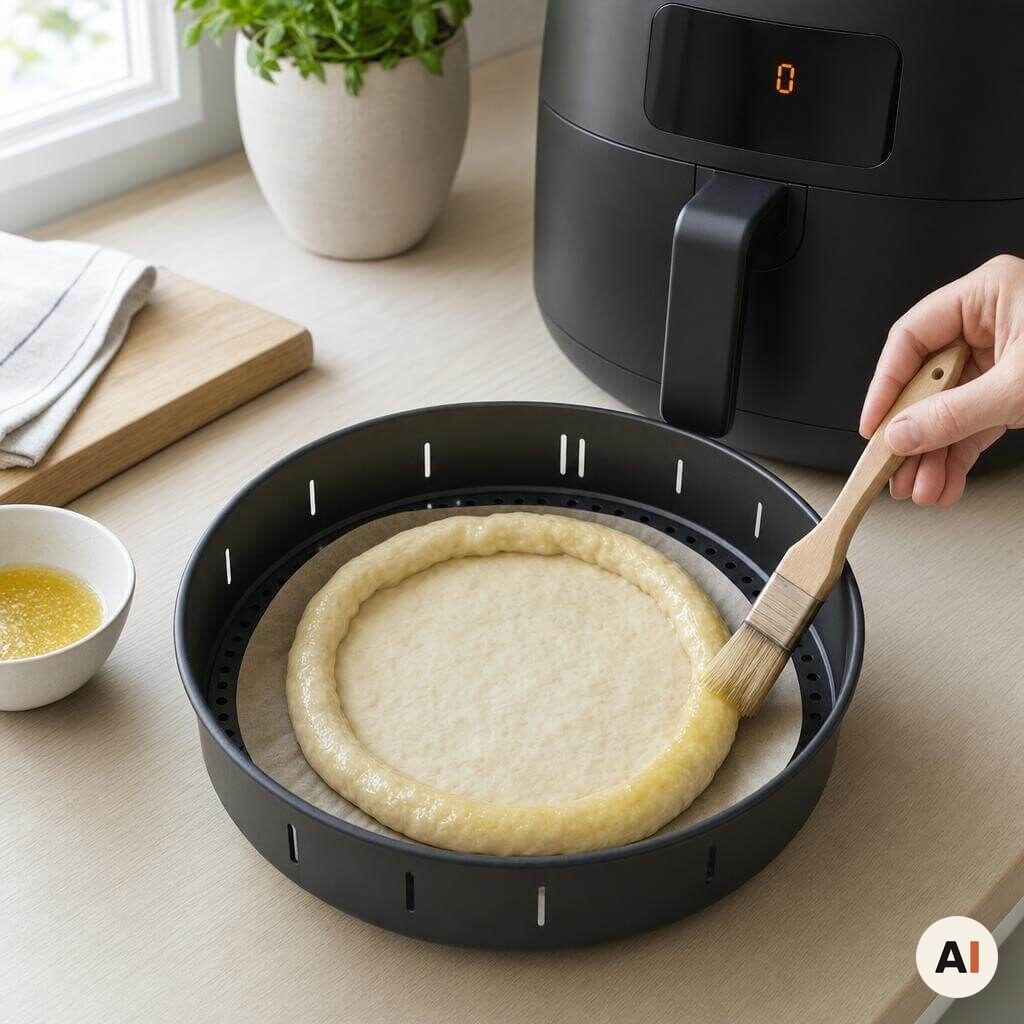 Pizzabund på bagepapir pensles med smør til dessertpizza i min airfryer