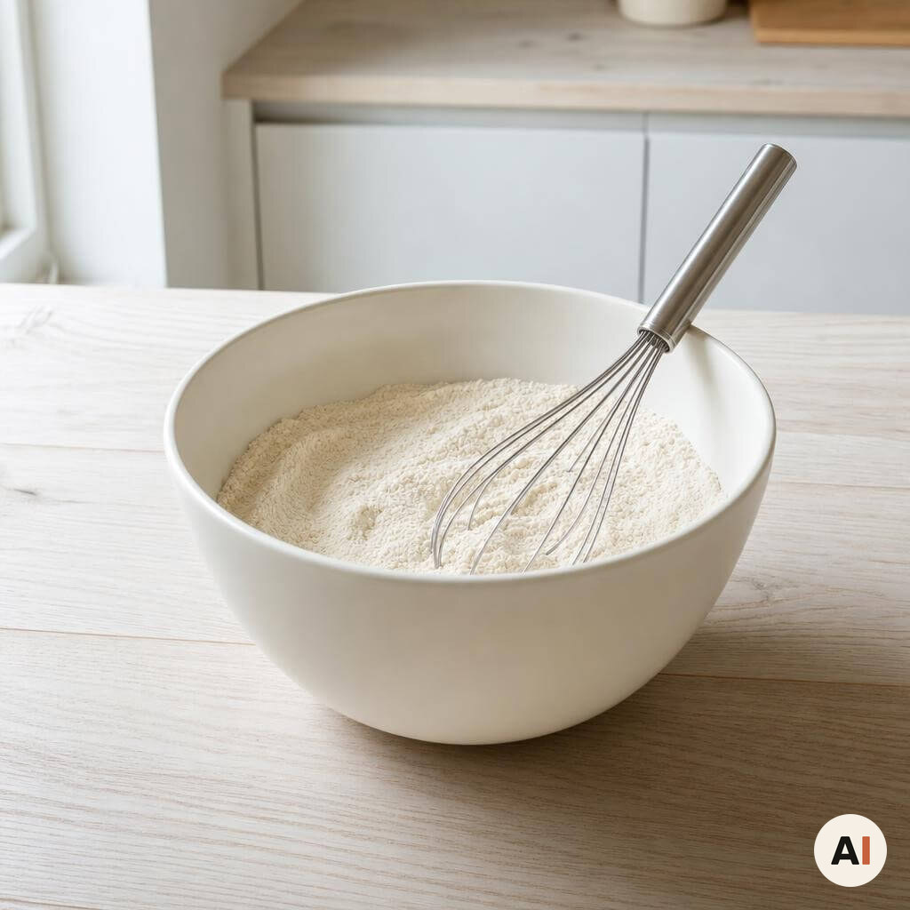 Tørre ingredienser blandes i en røreskål til dessertpizza i min airfryer