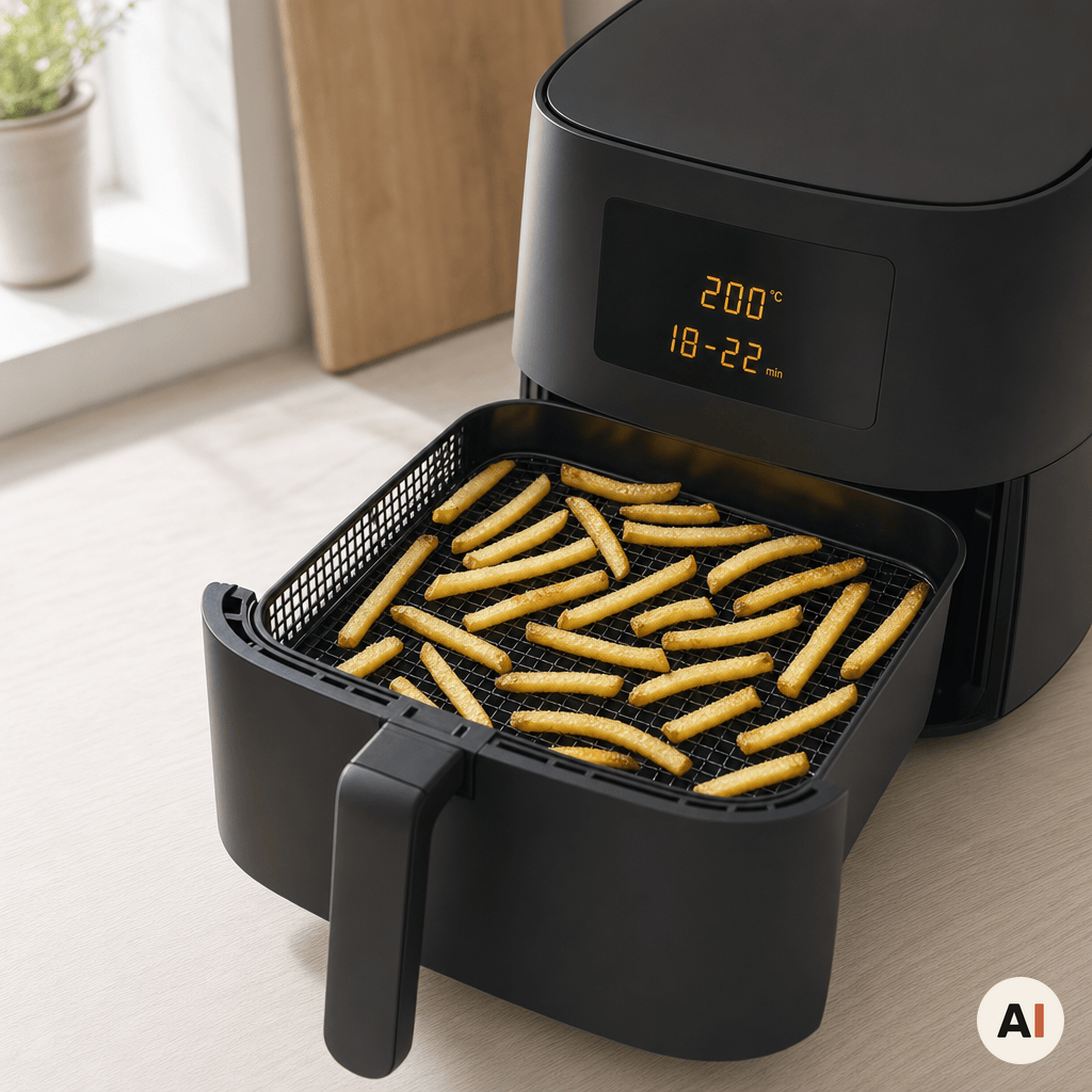 Pomfritter tilberedes i ét lag i min airfryer ved 200 grader