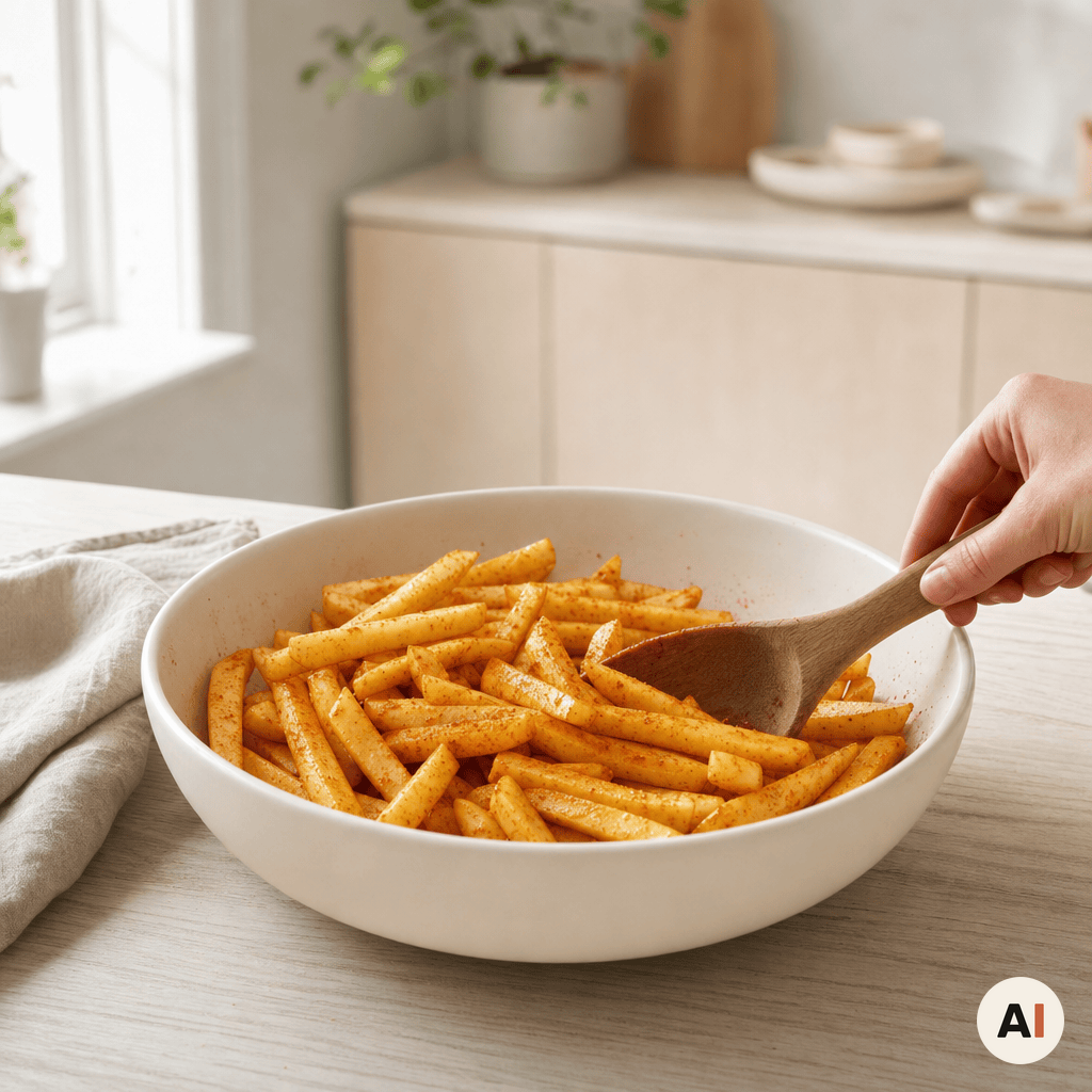 Kartoffelpomfritter vendes med olie og krydderier til tilberedning i min airfryer