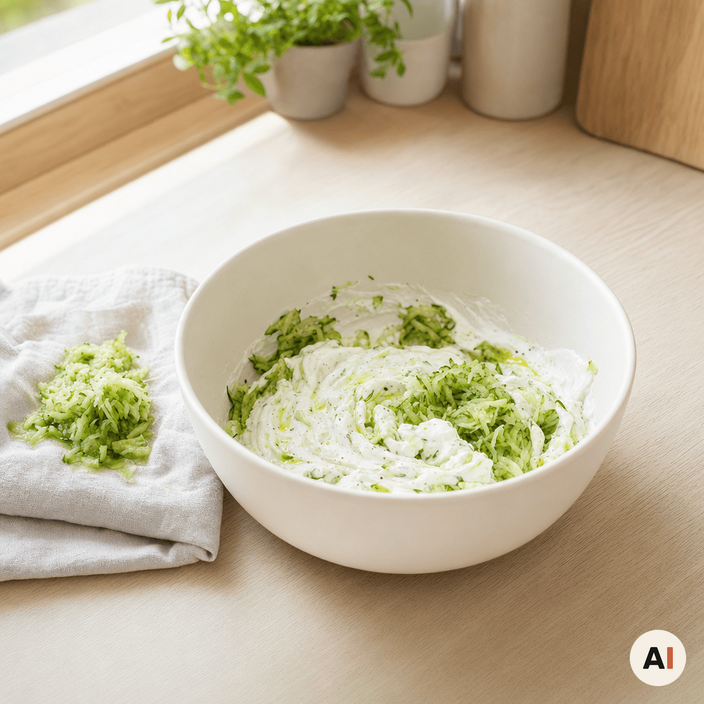 Tzatziki blandes i en skål til gyros i min airfryer-opskrift
