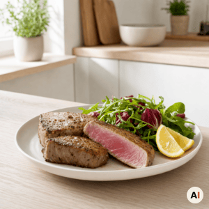 Tunbøf serveres med citronbåde og frisk salat fra min airfryer