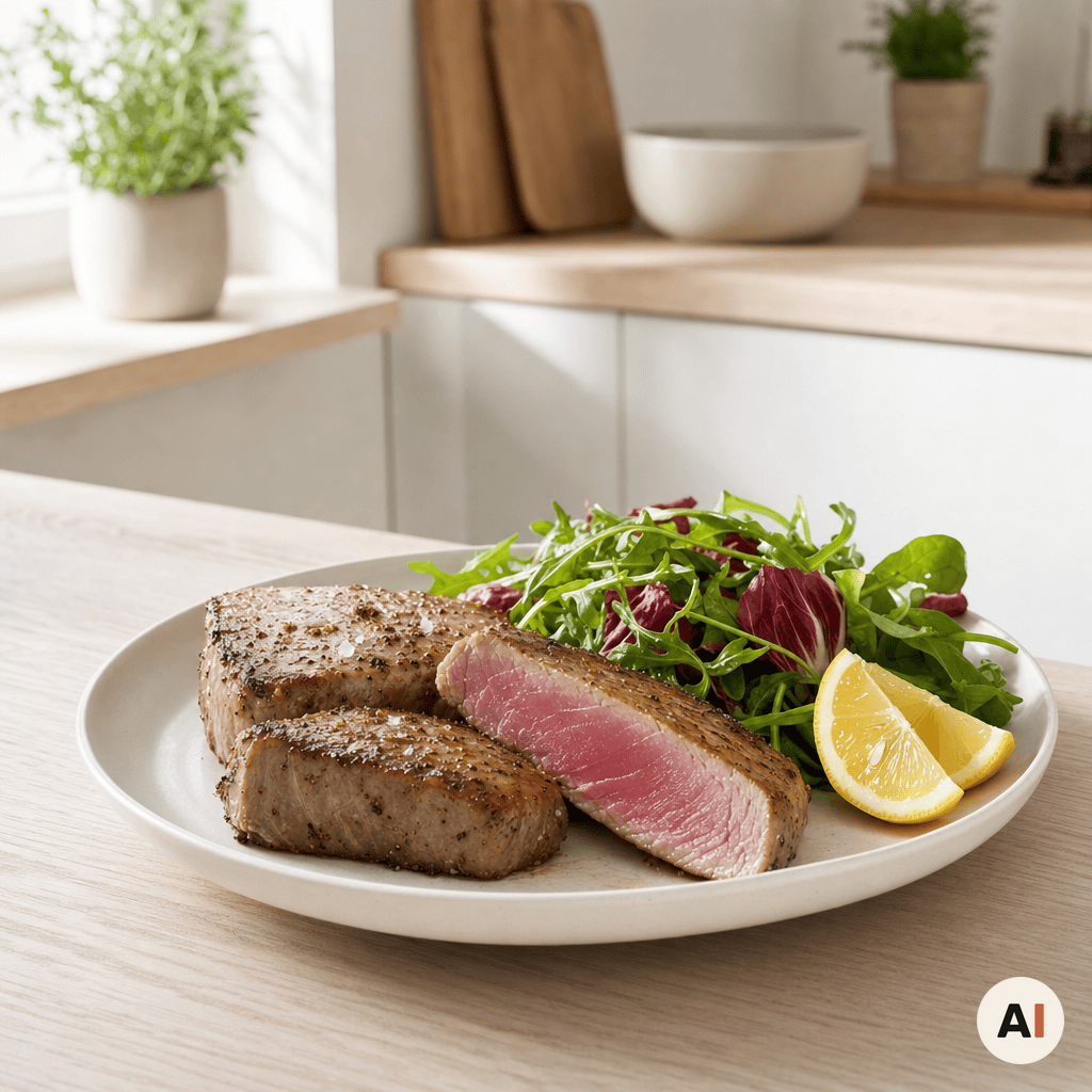 Tunbøf serveres med citronbåde og frisk salat fra min airfryer