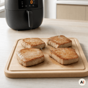 Tilberedte tunbøffer hviler på et skærebræt før servering i min airfryer