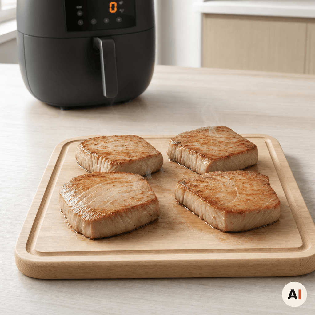 Tilberedte tunbøffer hviler på et skærebræt før servering i min airfryer