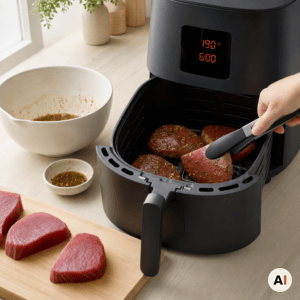 Tunbøffer vendes forsigtigt halvvejs i min airfryer