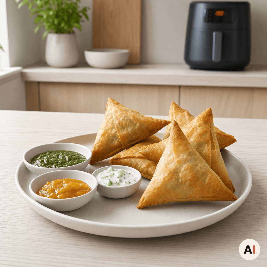 Lune samosaer serveret med chutney og raita
