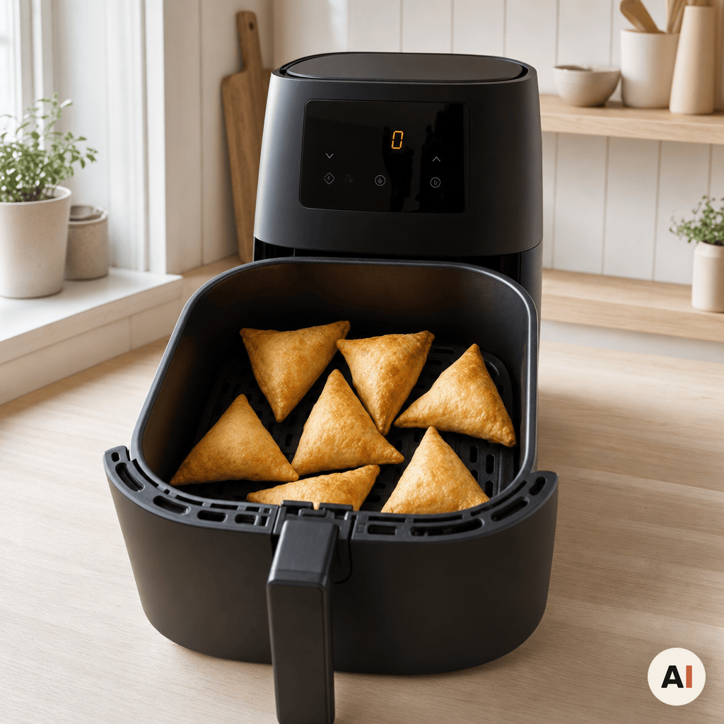 Samosaer, der hviler i to minutter efter tilberedning i min airfryer