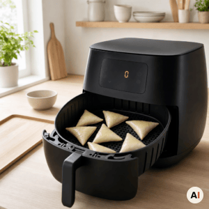 Samosaer med afstand i airfryer-kurven