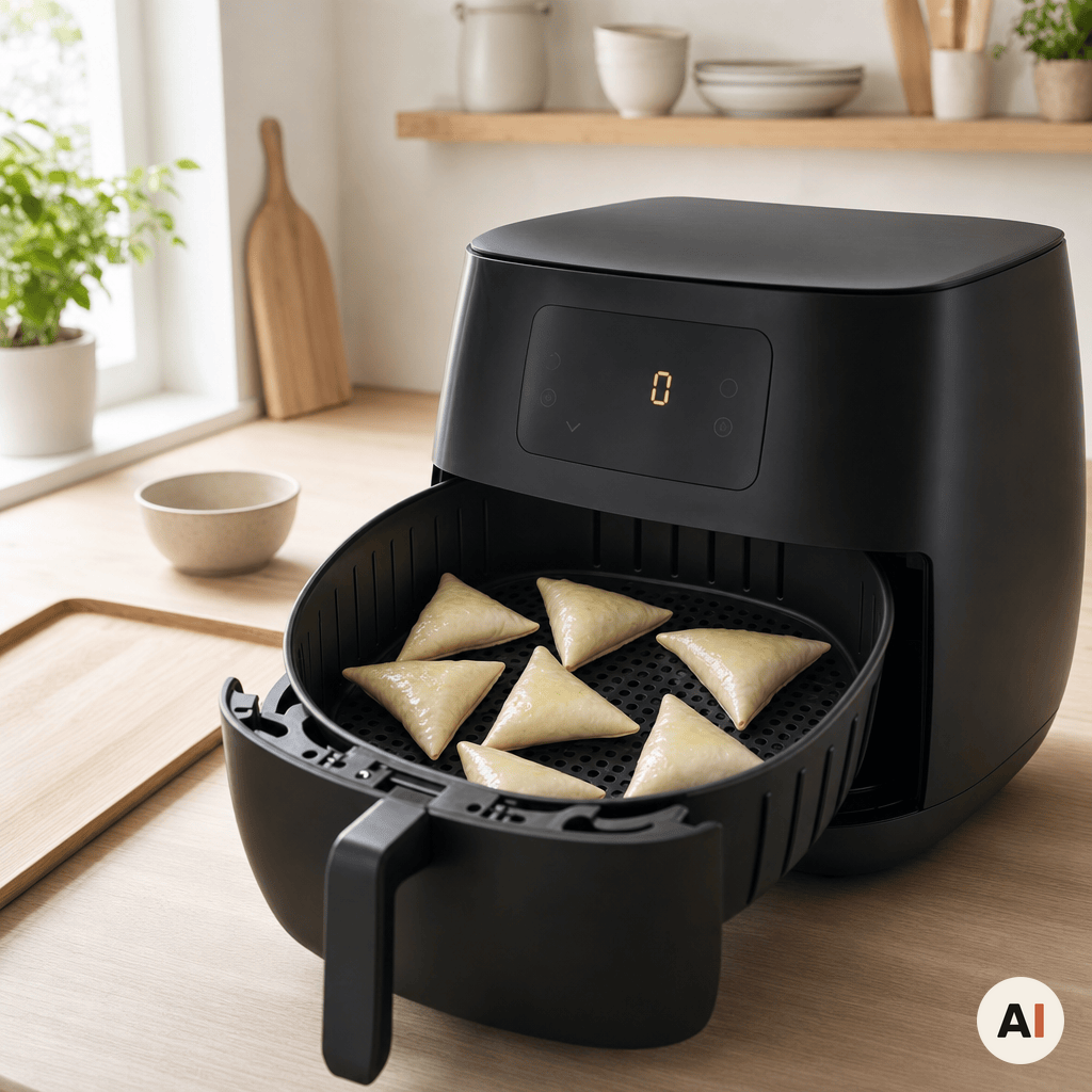 Samosaer med afstand i airfryer-kurven
