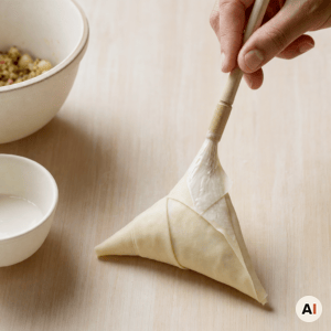 En samosa, der foldes i trekanter og lukkes med melklister