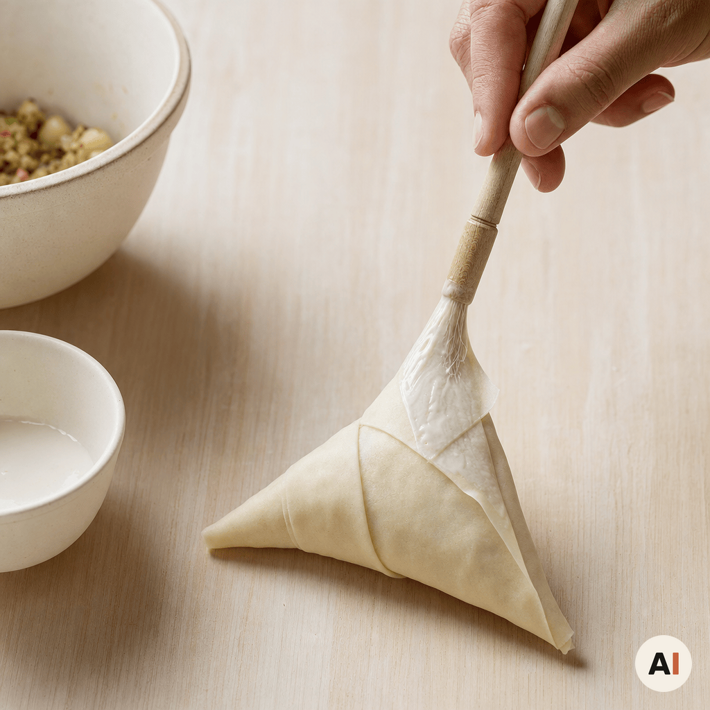 En samosa, der foldes i trekanter og lukkes med melklister